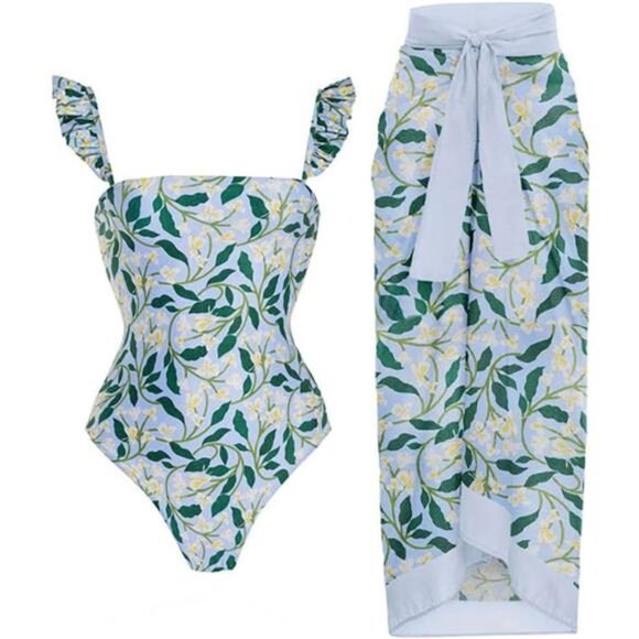 Women's Retro Floral One Piece Swimsuit with Beach Cover Up Skirt Set - Main Image